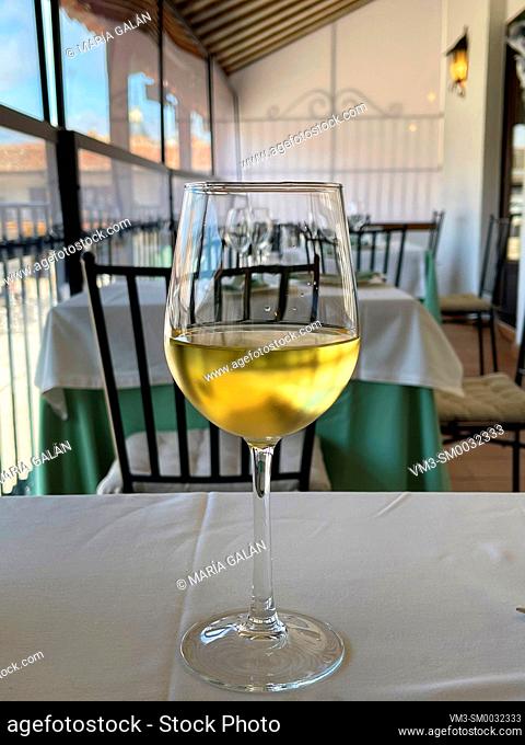Glass of white wine in a restaurant. Colmenar de Oreja, Spain