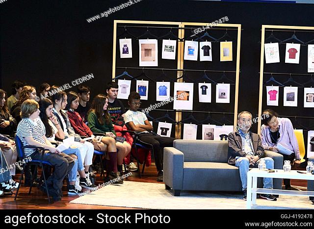 Haruki Murakami attends a meeting with students during Princesa de Asturias Awards 2023 at IES Carreno Miranda on October 19, 2023 in Aviles, Spain Aviles