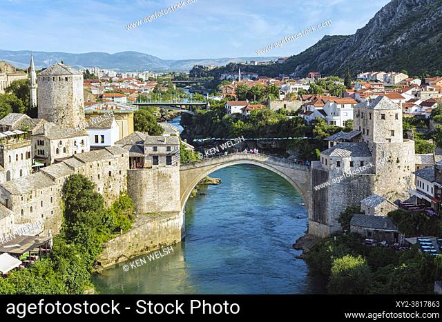 Mostar, Herzegovina-Neretva, Bosnia and Herzegovina. The single-arch Stari Most, or Old Bridge, crossing the Neretva River