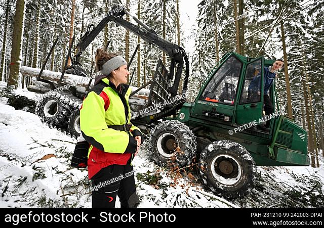 PRODUCTION - 08 December 2023, Saxony, Bockau: District forester Anne Borowski looks on in the snow-covered winter forest near Bockau in the Ore Mountains while...