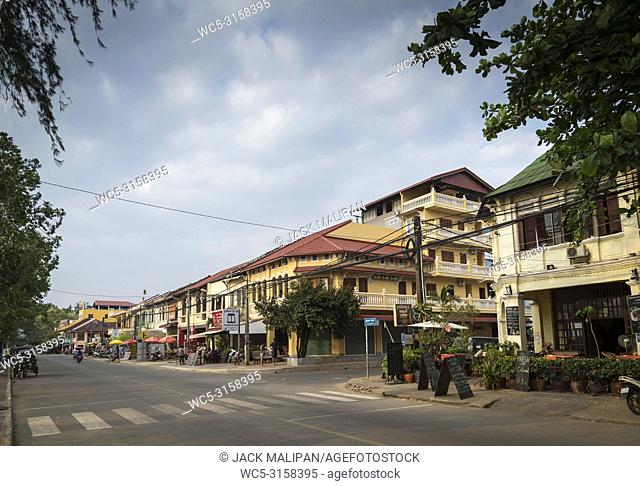 old french colonial architecture buildings in kampot downtown street cambodia