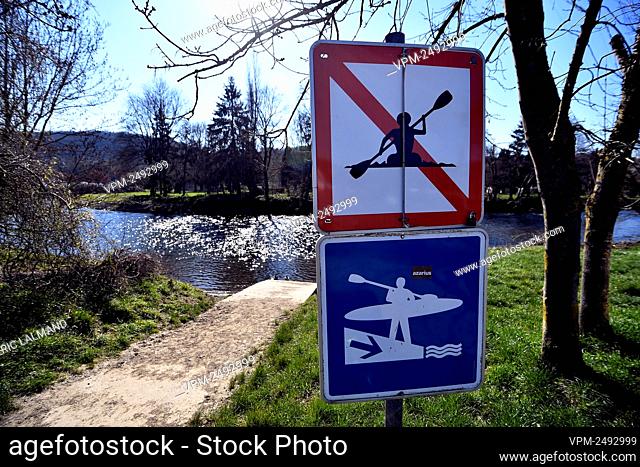 Illustration shows a kayak and canoe sign at the Ourthe river, in the city of Durbuy, Wednesday 01 April 2020. ..BELGA PHOTO ERIC LALMAND