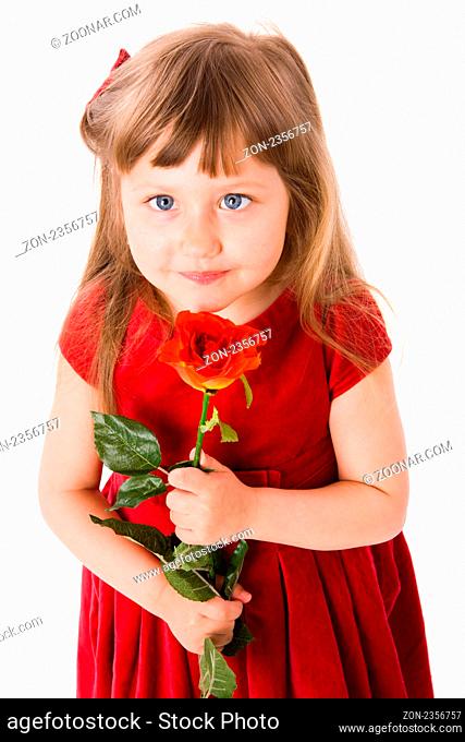 Little Girl holding rose looking up isolated on white