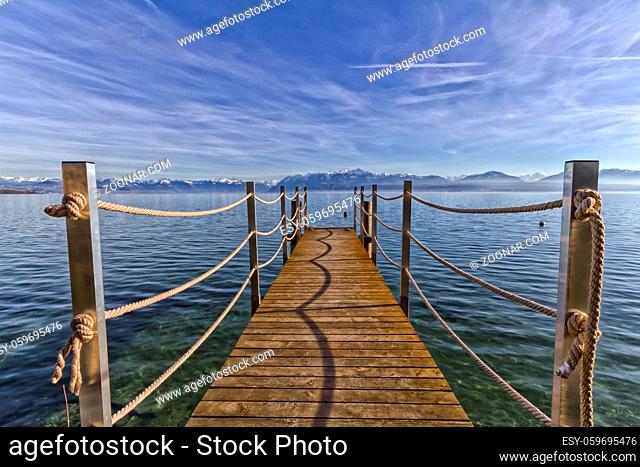 beautiful landscape from the edge of lake blue leman in switzerland