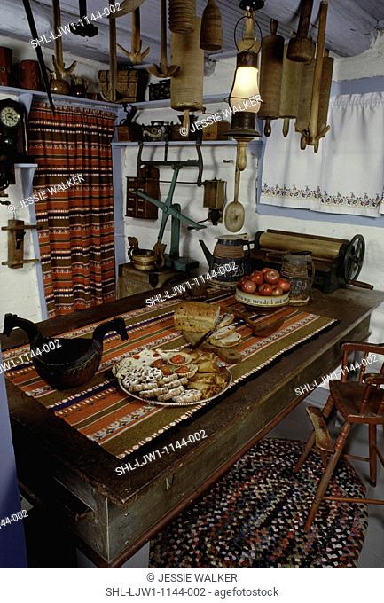 KITCHEN: Antique work table in European country kitchen, Little Norway, WI, scandinavian heritage, traditional food, and pioneer life