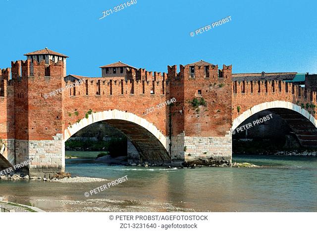 Castelvecchio bridge Ponte Scaligero over the river Adige in Verona - Italy