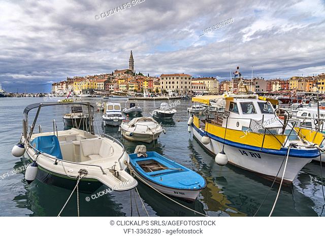 Fishing boats at the harbour with the old town in the background. Rovinj, Istria county, Croatia