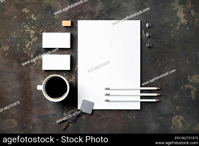 Blank branding stationery set on concrete background. Responsive design template. Flat lay