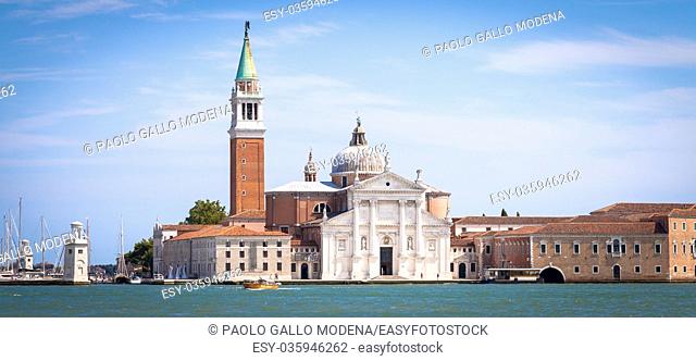 Venice, Italy. View from Riva degli Schiavoni of San Giorgio Maggiore Isle during a sunny day with blue sky