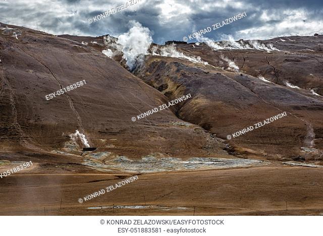 Namafjall mountain seen from Hverir boiling mud area also called Hverarond near Reykjahlid town in the north of Iceland
