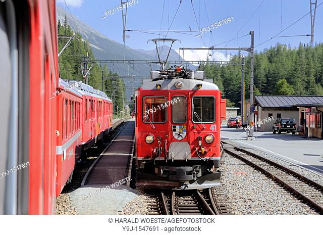 Train ride with Rhätische Bahn on the Bernina line from Ospizio Bernina to Poschiavo  Switzerland, Western Europe, Graubünden, Bernina