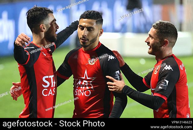 Seraing's Georges Mikautadze and Seraing's Youssef Maziz celebrate after scoring during a soccer game between RFC Seraing United and RSC Anderlecht
