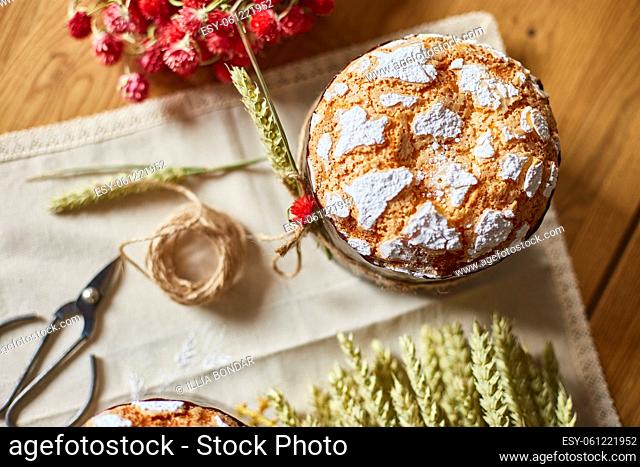 Easter cake with rustic decoration, wheat on wooden table the holiday, Happy Easter Holiday