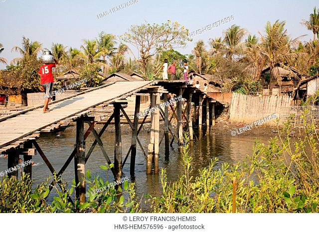 Myanmar Burma, Rakhine Arakan state, Mrauk U, wooden bridge on the river