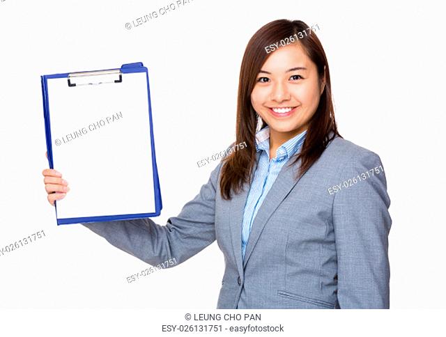 Businesswoman show with blank page of clipboard