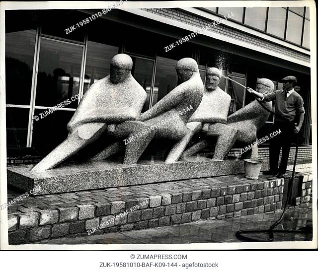 Oct. 10, 1958 - Ten-Ton 'Teamwork' sculpture; 'Teamwork' a huge ten-ton granite sculpture by Mr. David Wynne, was this morning put into position outside...