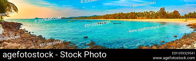 Seascape at sunset time. Beautiful landscape of the Indian ocean. Amazing view. High resolution panorama