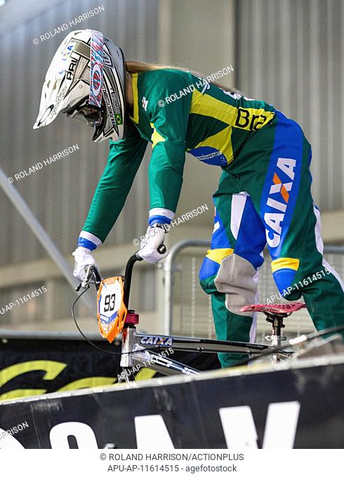 2015 UCI BMX Supercross World Cup Day Two Apr 19th. 19.04.2015. Manchester, England. BMX Supercross Day Two. Priscilla Stevaux Carnaval (BRA) prepares to...