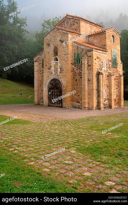 Old church San Miguel de Lillo on a foggy morning with clear sky, famous pace close to Oviedo, Spain