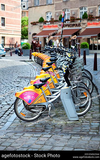 BRUSSELS, BELGIUM -MAY 16, 2012:City Bike docking station in Brussels. Villo Bike is a privately owned for-profit public bicycle sharing system that serves the...