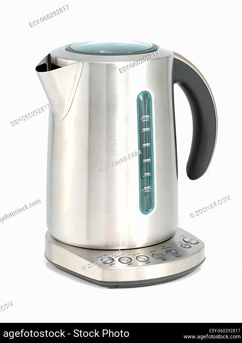 A stainless steel kettle isolated on white with clipping path