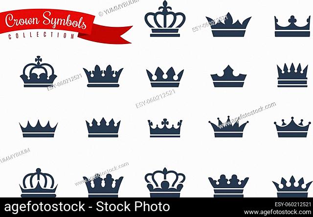 Icon crown. Queen king crowns black silhouette, monarch imperial symbols, coronation princess or prince tiara, heraldic crest, elegance luxury coronation hat