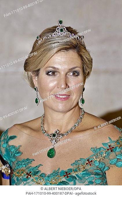 Queen MÃ¡xima of The Netherlands at the PalaÂ·cio da Ajuda in Lissabon, on October 10, 2017, official photo before the State-Banquet at the 1st of a 3 days...