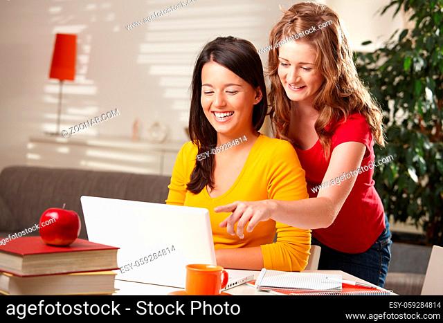 Laughing schoolgirls looking at laptop, blond girl pointing at screen