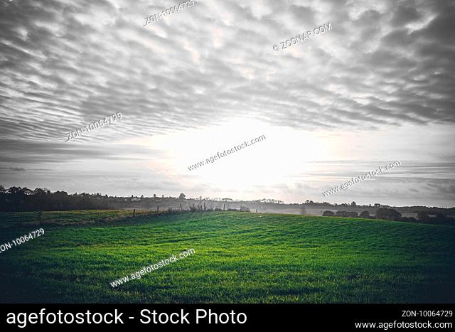 Countryside sunrise with green fields and cloudy sky in a rural environment on a countryside field with a fence