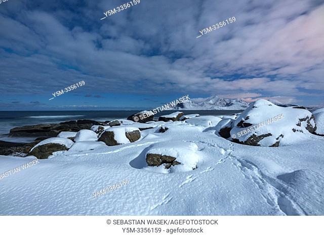 Storsandnes Beach in Moonlight, Myrland, Leknes, Lofoten, Norway, Europe