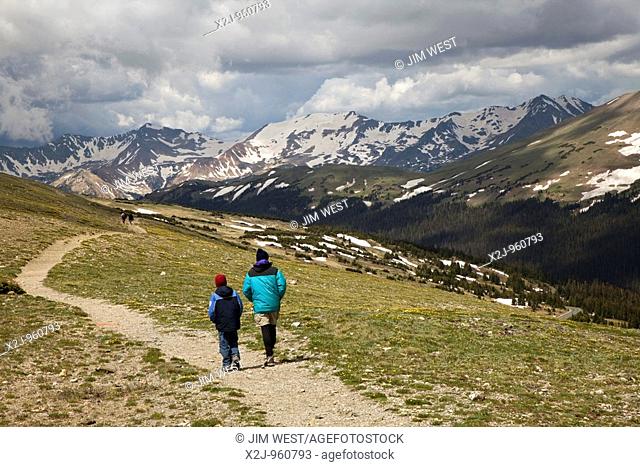 Rocky Mountain National Park, Colorado - John West and his son, Joe, 10, hike on the Ute Trail, on the alpine tundra above tree line  MR