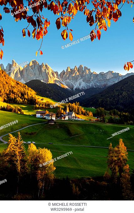 Funes valley in autumn season, Santa Magdalena, Bolzano Province, Trentino-Alto Adige, Italy, Europe