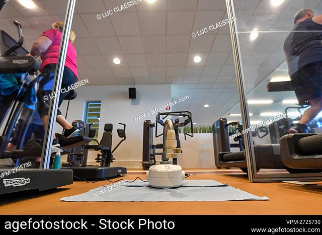 Illustration shows a device that measures the air quality during an indoor fitness test event, organized at Sportoase Stede Akkers, in Hoogstraten