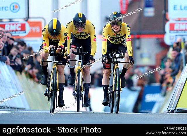 Jumbo-Visma riders cross the finish line of the third stage of the 81st edition of the Paris-Nice eight days cycling race, a 32