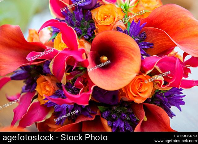 Close up with a colorful vivid mix of spring flowers of calas, zantedeschia, roses, orchids and more in orange, purple and pink