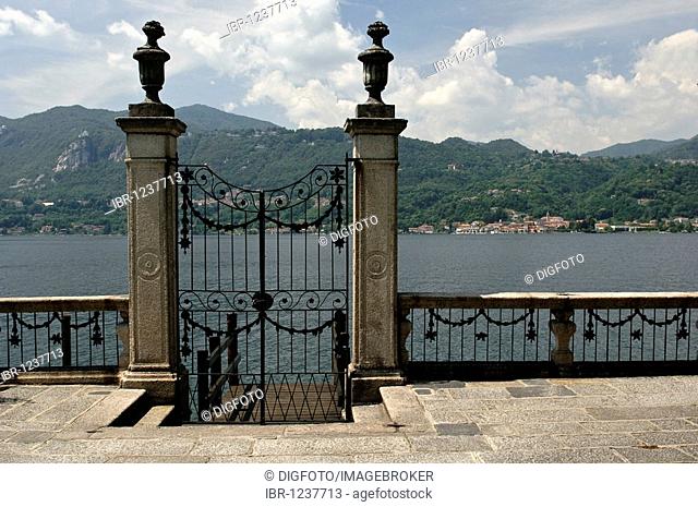 Gate in the garden of the Palazotto della Comunita palace, Orta San Giulio on Lake Orta, Lago d'Orta, Piedmont, Italy, Europe