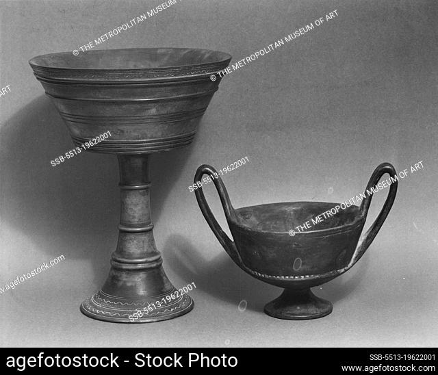 Cast -- Left: Cup: Bucchero ware, Etruscan, about 500 B.C. Height 10/4 in. Price $10.00, including watertight metal liner. Mailing charge $1.00