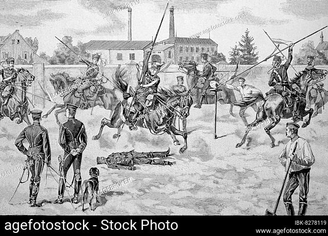 Wehrübung mit einer Lanze in der deutschen Kavallerie, 1876, Historisch, digital restaurierte Reproduktion einer Originalvorlage aus dem 19