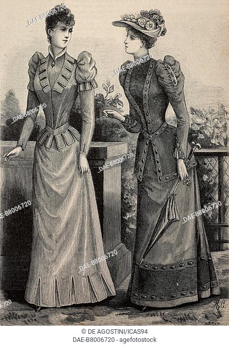 Women wearing a wool (cote de cheval) dress and a bengaline dress, creations by Mademoiselle Coussinet, engraving from La Mode Illustree, n 32, August 9, 1891