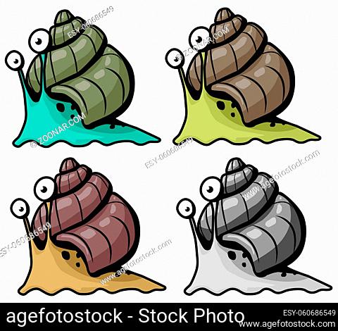 Snail cartoon character color variants set vector illustration, horizontal, over white, isolated