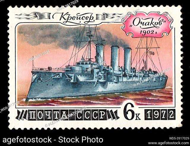 USSR - CIRCA 1972: Vintage postage stamp about navy. Retro postage stamp isolated. Stamp with image of Soviet cruiser Ochakov