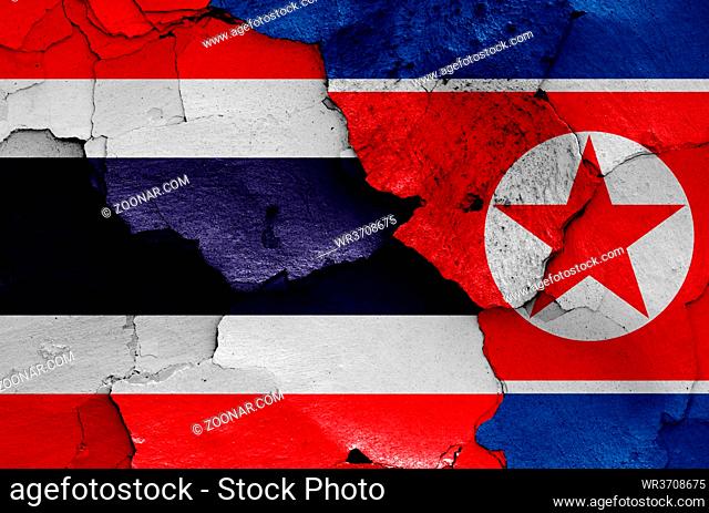 flags of Thailand and North Korea painted on cracked wall