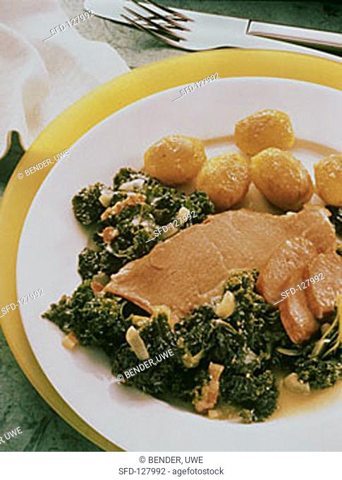 Kale with pork tripe, smoked pork rib & caramelised potatoes