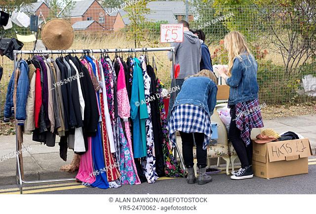 Secondhand clothes stall at Festival of Thrift in Darlington, County Durham, England, United Kingdom