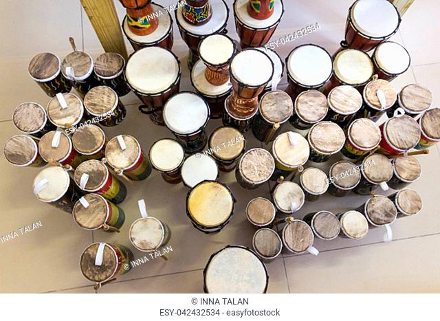 Detail of bongo drums seen from the top and isolated on floor background at Jamaica