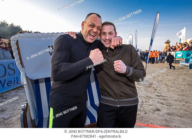 Patrick Lehmann (L) and Robert Ninas (R) win the 20m sprint at the 'Beach Chair Sprint World Cup' in Zinnowitz, Germany, 28 January 2017