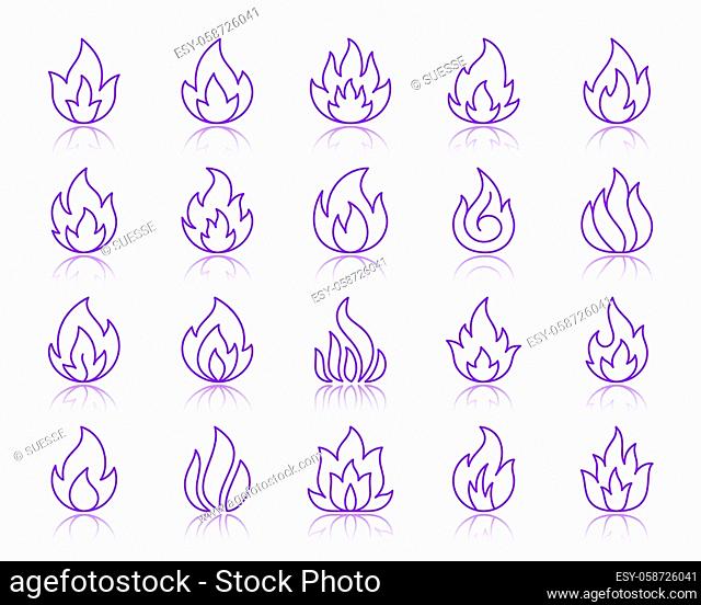Fire thin line icons set. Outline violet web sign kit of bonfire. Flame linear icon collection includes energy, fiery flare