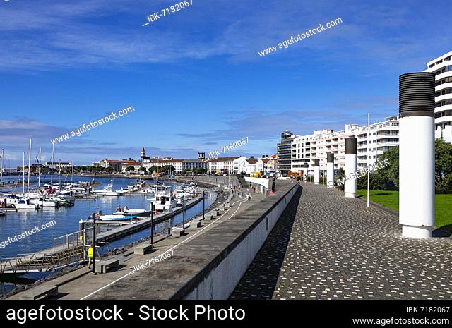 View over the marina and the promenade of Ponta Delgada, Sao Miguel Island, Azores, Portugal, Europe