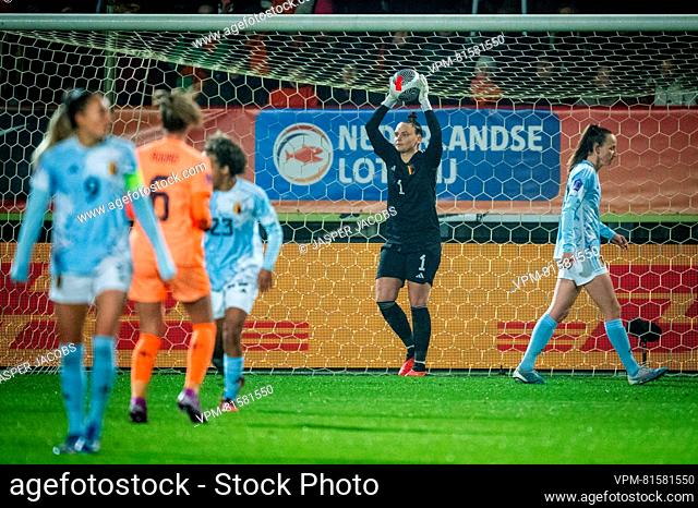 Belgium's goalkeeper Nicky Evrard pictured in action during a soccer match between Belgium's national women's team the Red Flames and the Netherlands