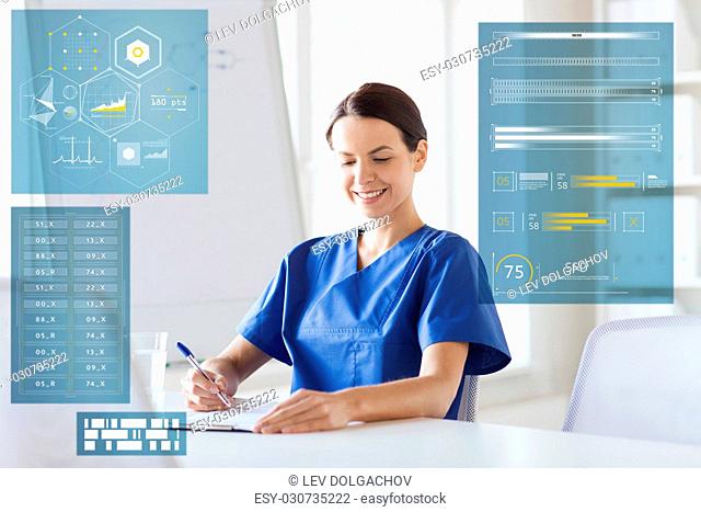 medicine, healthcare, technology and people concept - happy female doctor or nurse with clipboard writing medical report at hospital